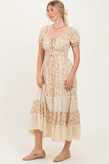 Cream Floral Lace Inset Puff Sleeve Maxi Dress