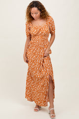 Orange Floral Puff Sleeve Side Slit Midi Dress