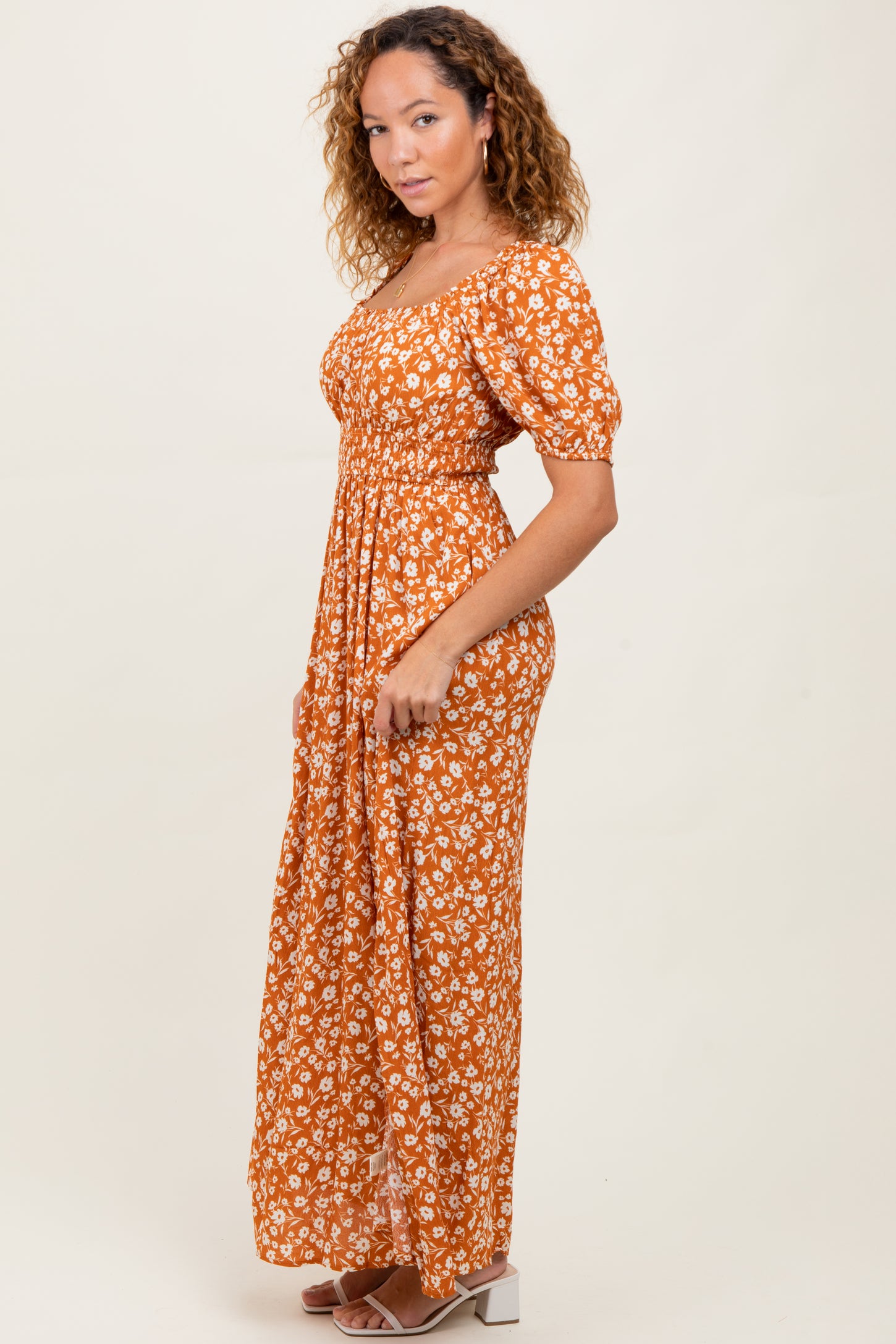 orange floral puff sleeve dress Lady Black Tie - Island Flowers Puff Sleeve Midi Dress - Coral