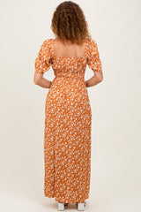 Orange Floral Puff Sleeve Side Slit Midi Dress