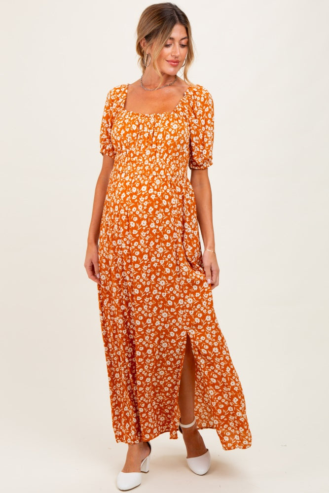 Orange Floral Puff Sleeve Side Slit Maternity Midi Dress