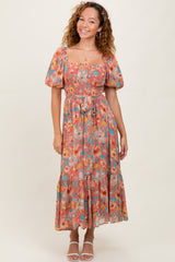 Pink Floral Smocked Puffed Sleeve Maternity Midi Dress