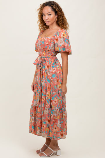 Pink Floral Smocked Puffed Sleeve Midi Dress