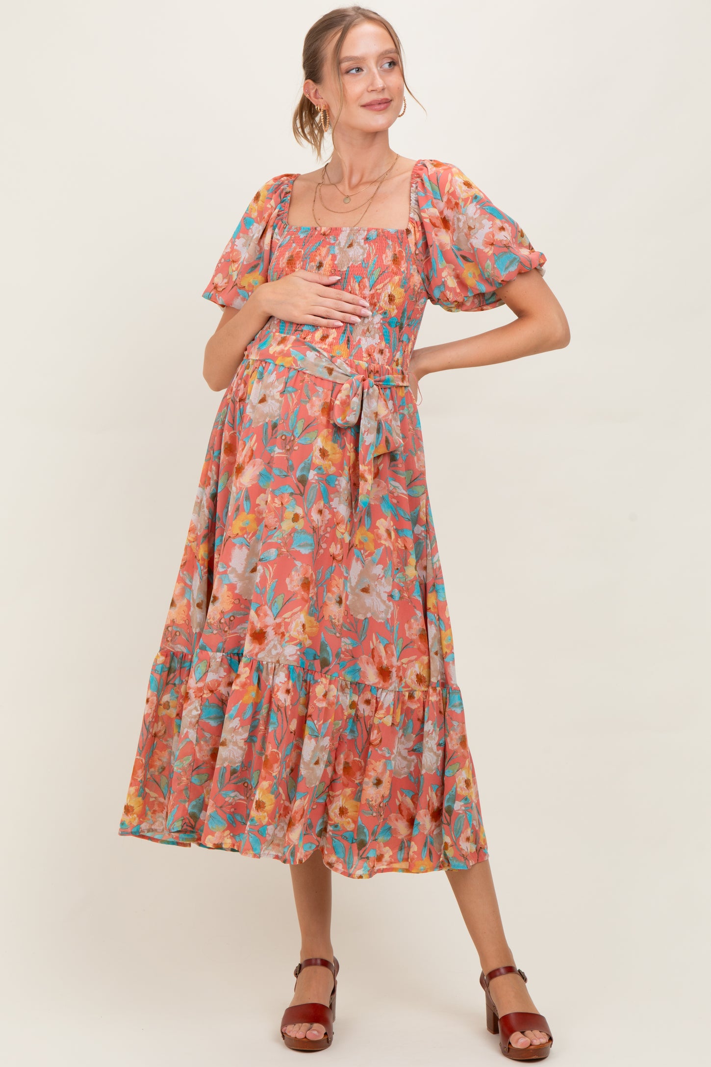 Pink Floral Smocked Puffed Sleeve Maternity Midi Dress