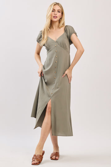 Olive Button Accent Front Slit Midi Dress
