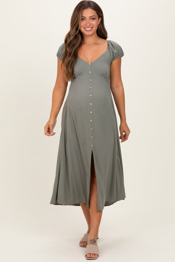 Olive Button Accent Front Slit Maternity Midi Dress
