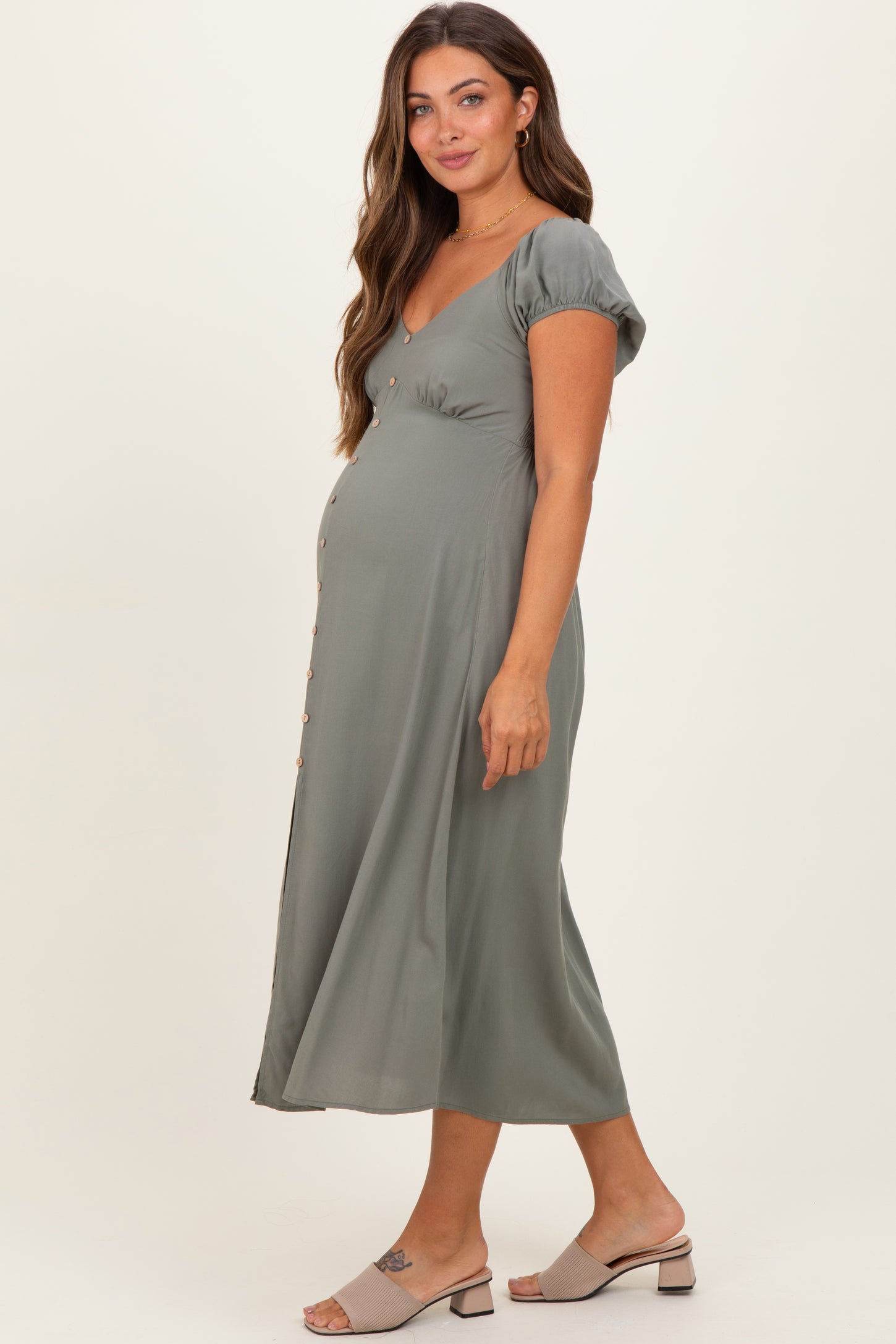 Olive Button Accent Front Slit Maternity Midi Dress