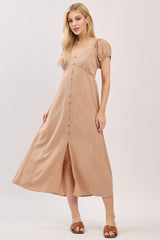 Camel Button Accent Front Slit Midi Dress