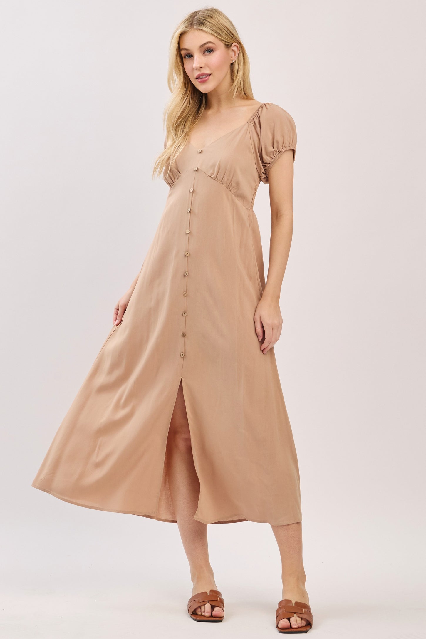 Camel Button Accent Front Slit Maternity Midi Dress