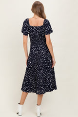 Navy Printed Button Accent Flutter Sleeve Maternity Midi Dress