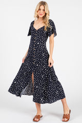 Navy Printed Button Accent Flutter Sleeve Midi Dress