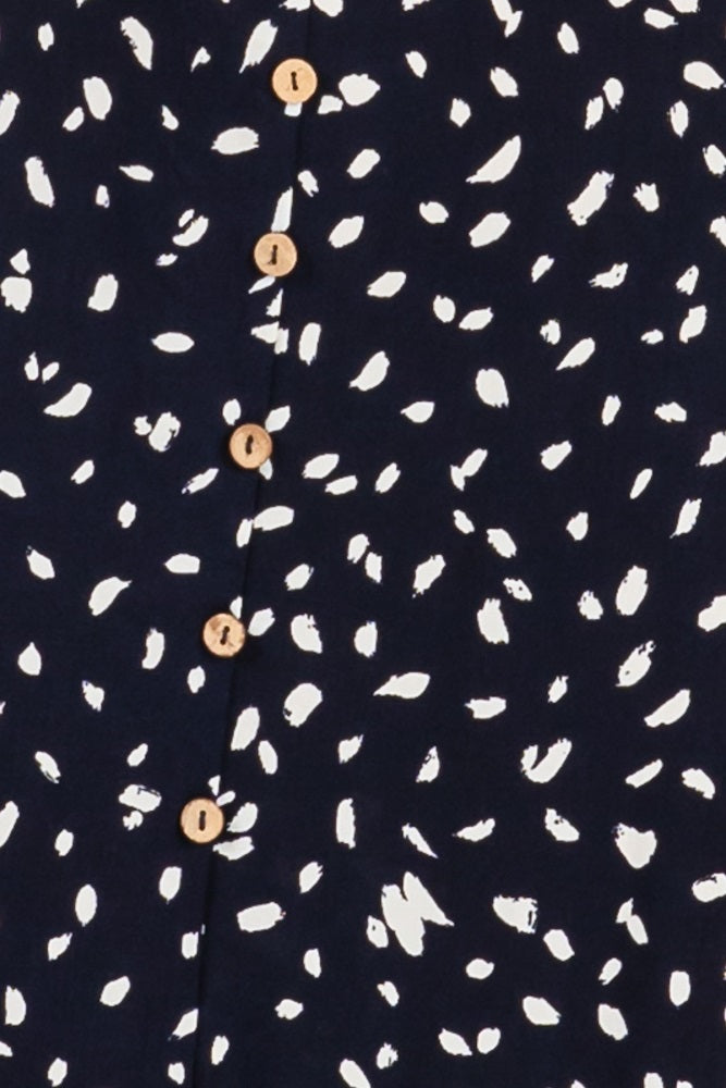 Navy Printed Button Accent Flutter Sleeve Midi Dress