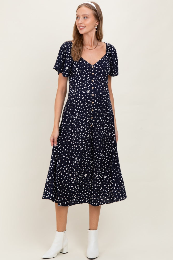 Navy Printed Button Accent Flutter Sleeve Maternity Midi Dress