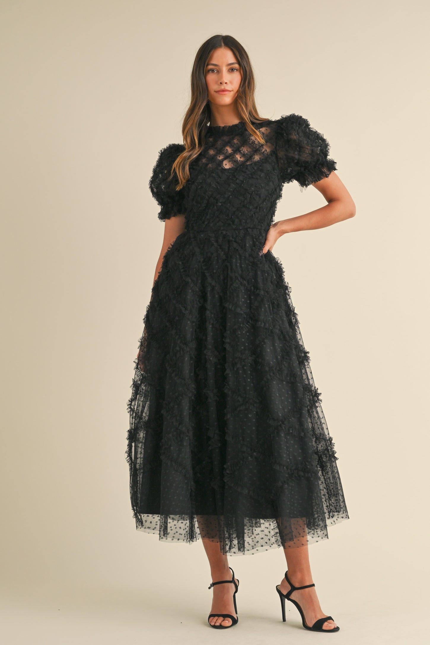 Black Ruffle Detail Swiss Dot Tulle Midi Dress PinkBlush Black Ruffle Detail Swiss Dot Tulle Midi Dress PinkBlush
