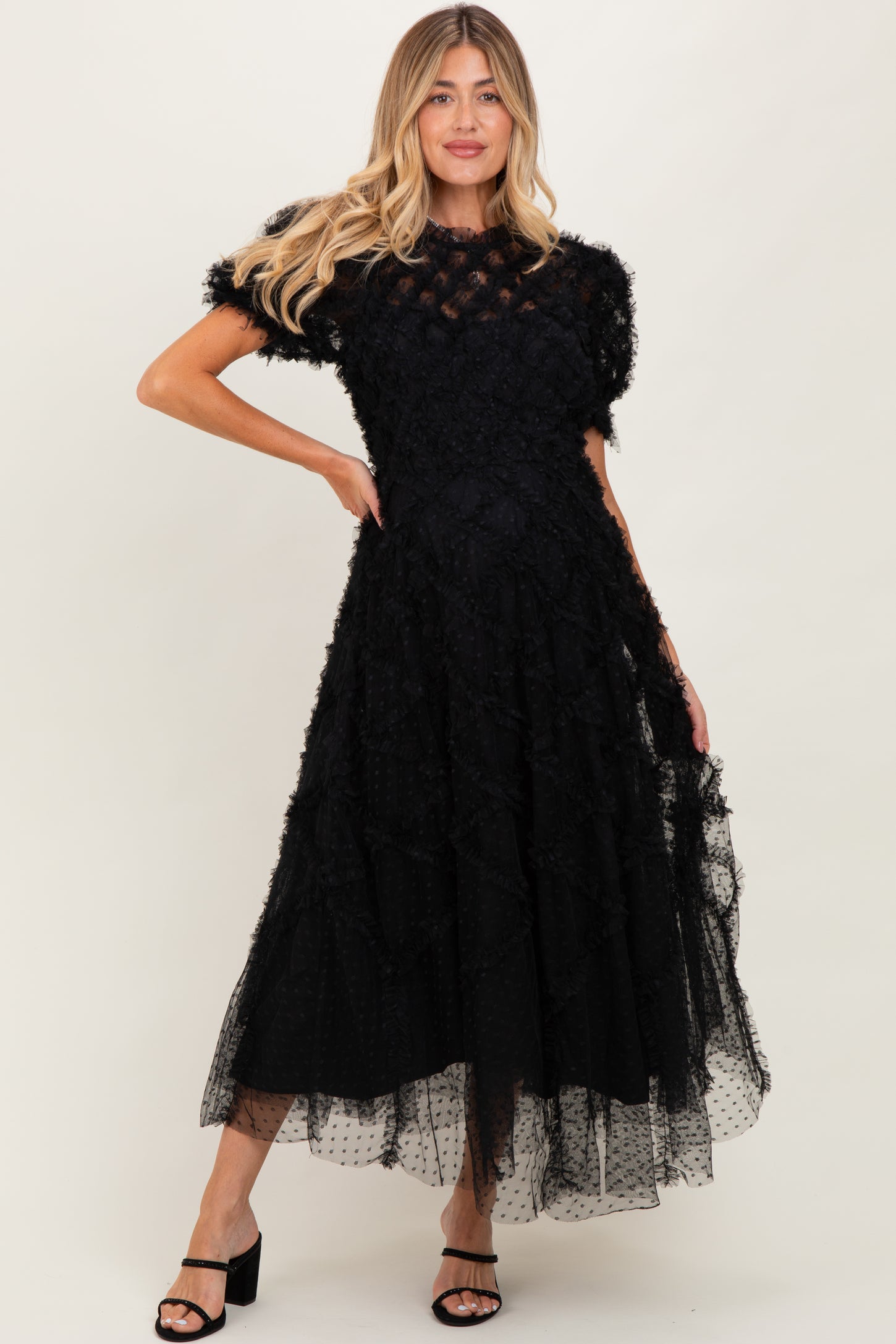 Black Ruffle Detail Swiss Dot Tulle Maternity Midi Dress PinkBlush Black Ruffle Detail Swiss Dot Tulle Maternity Midi Dress PinkBlush