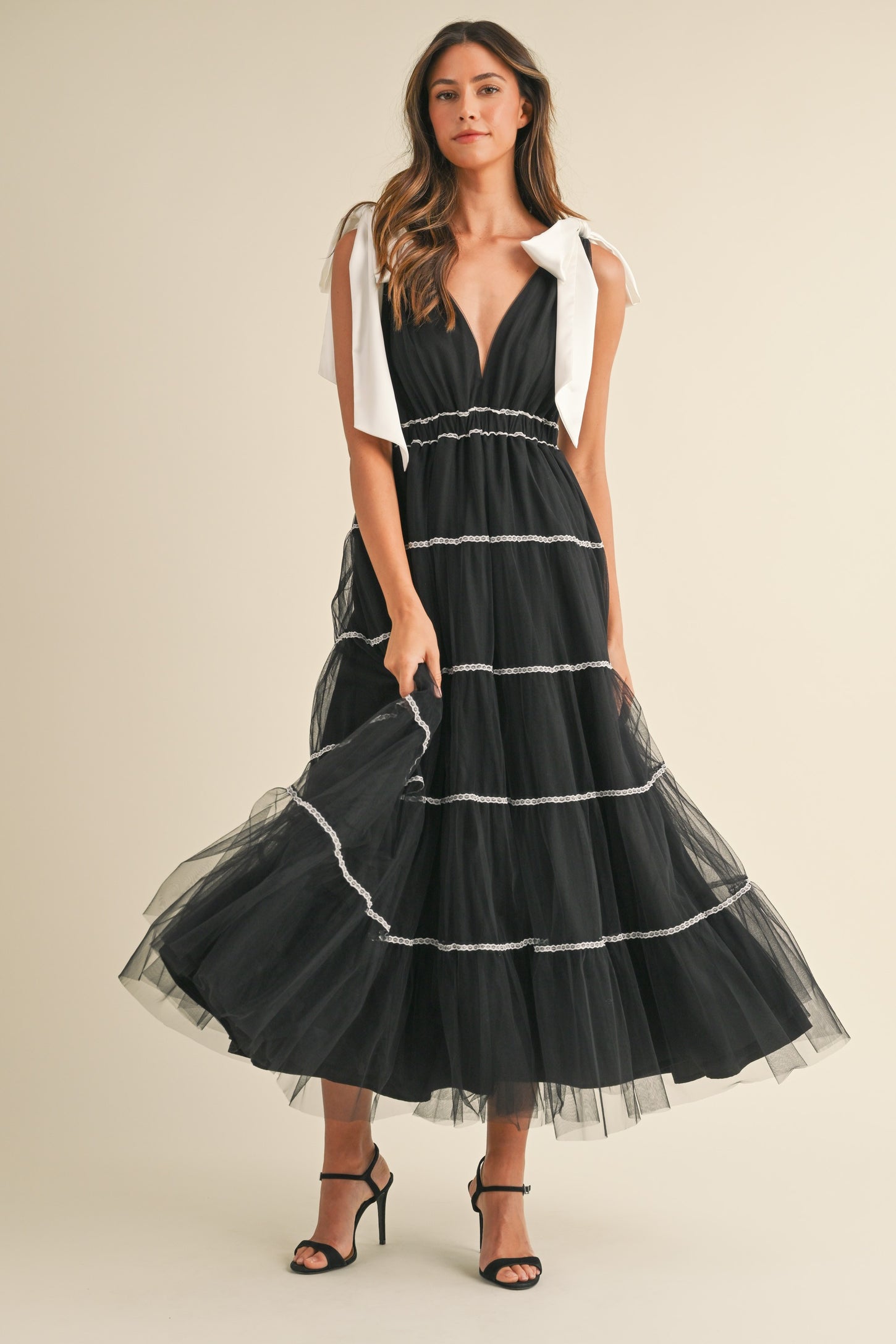 Black Shoulder Bow Tie Lace Detail Tulle Midi Dress PinkBlush Black Shoulder Bow Tie Lace Detail Tulle Midi Dress PinkBlush