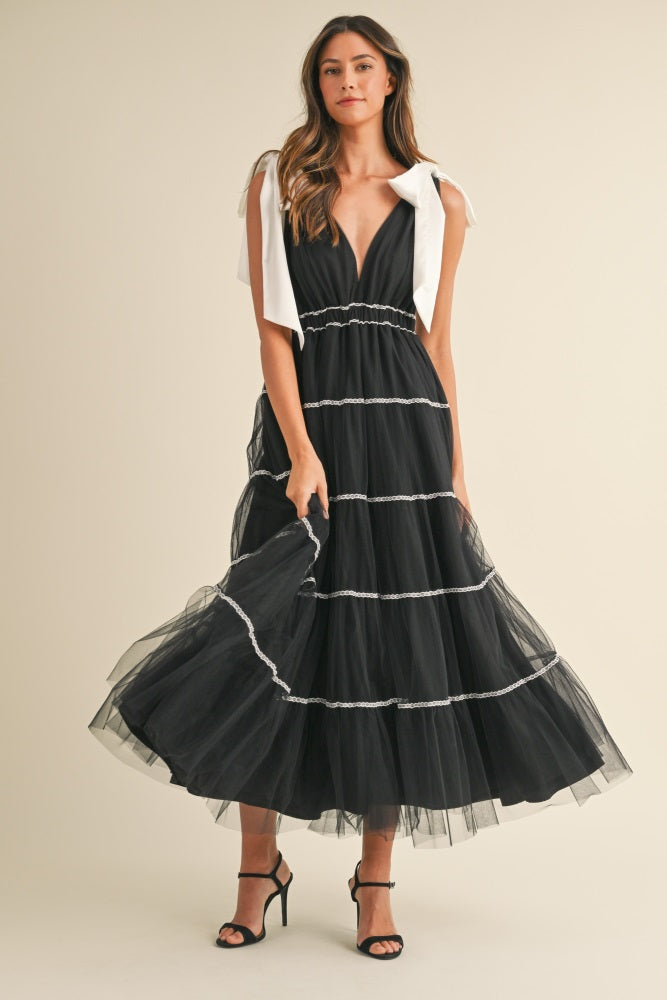 tulle black tie dress Shoulder Bow Lace Detail Maternity Midi – PinkBlush vintage boutique style straps on the Women's Outfit: Black Midi Colour:Off White/pink