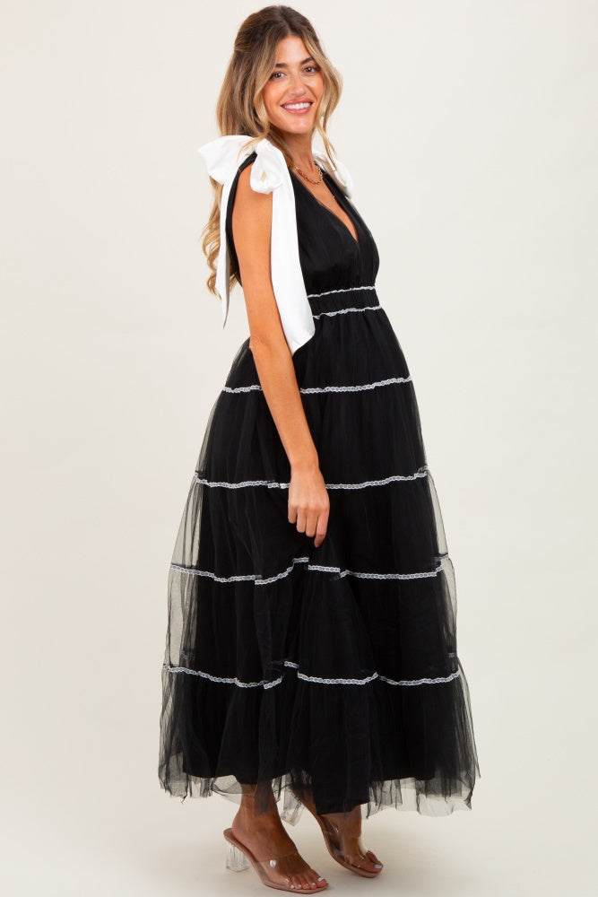 Black Shoulder Bow Tie Lace Detail Tulle Maternity Midi Dress