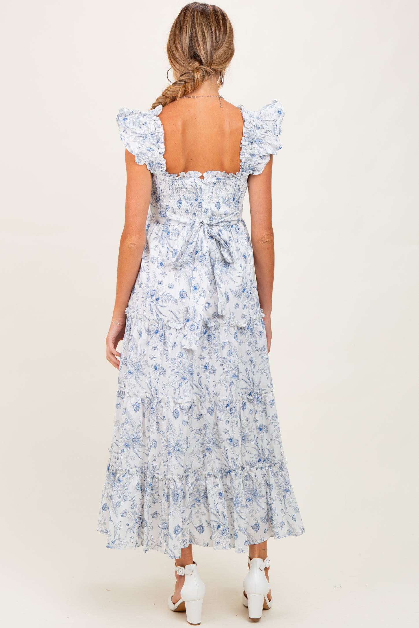 Blue Floral Smocked Tiered Maternity Maxi Dress