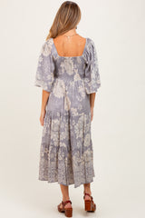 Light Grey Floral Twisted Front Tiered Maternity Midi Dress