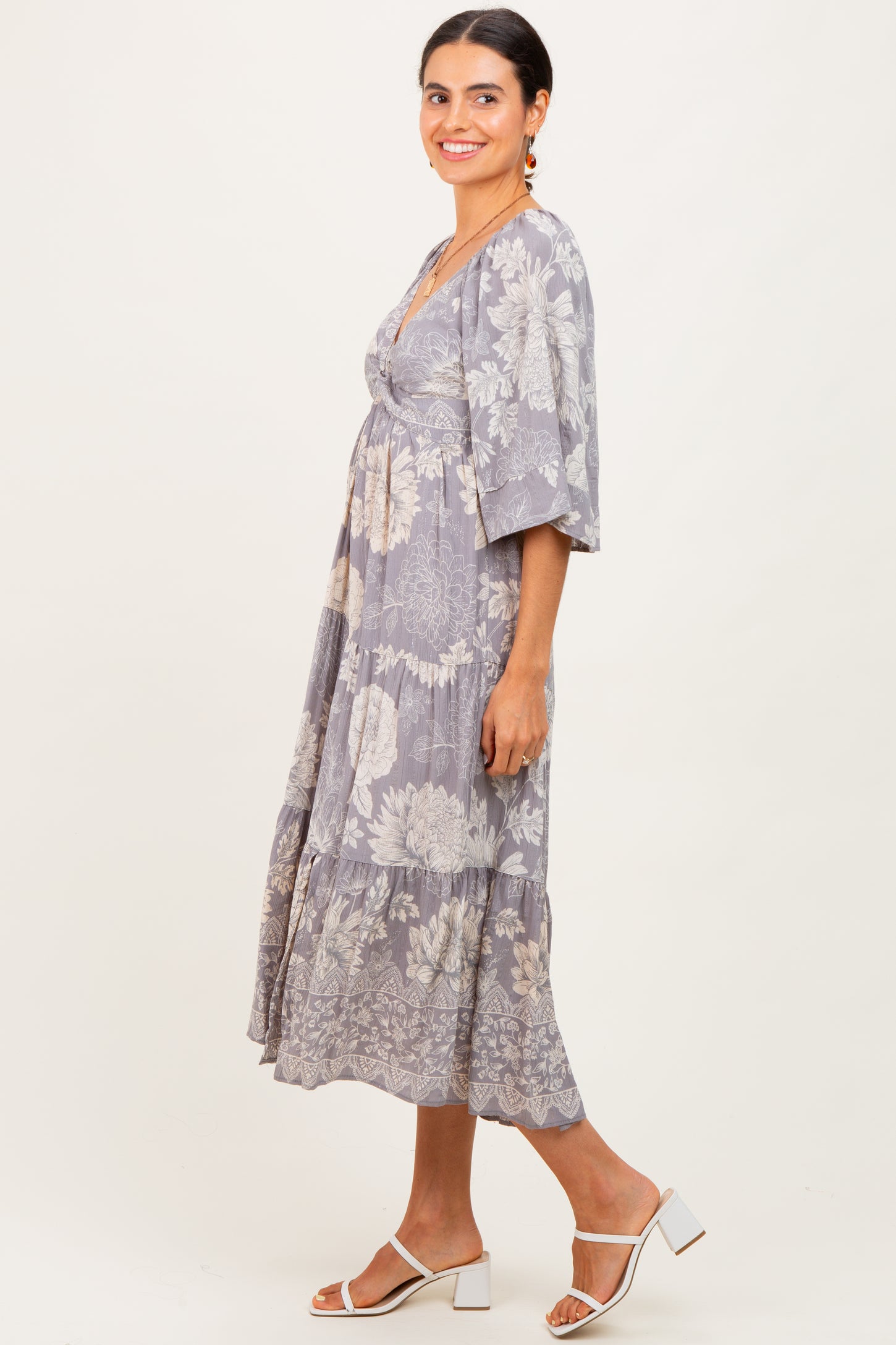 Light Grey Floral Twisted Front Tiered Midi Dress