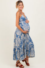 Blue Floral Cutout Tie Back Maternity Midi Dress