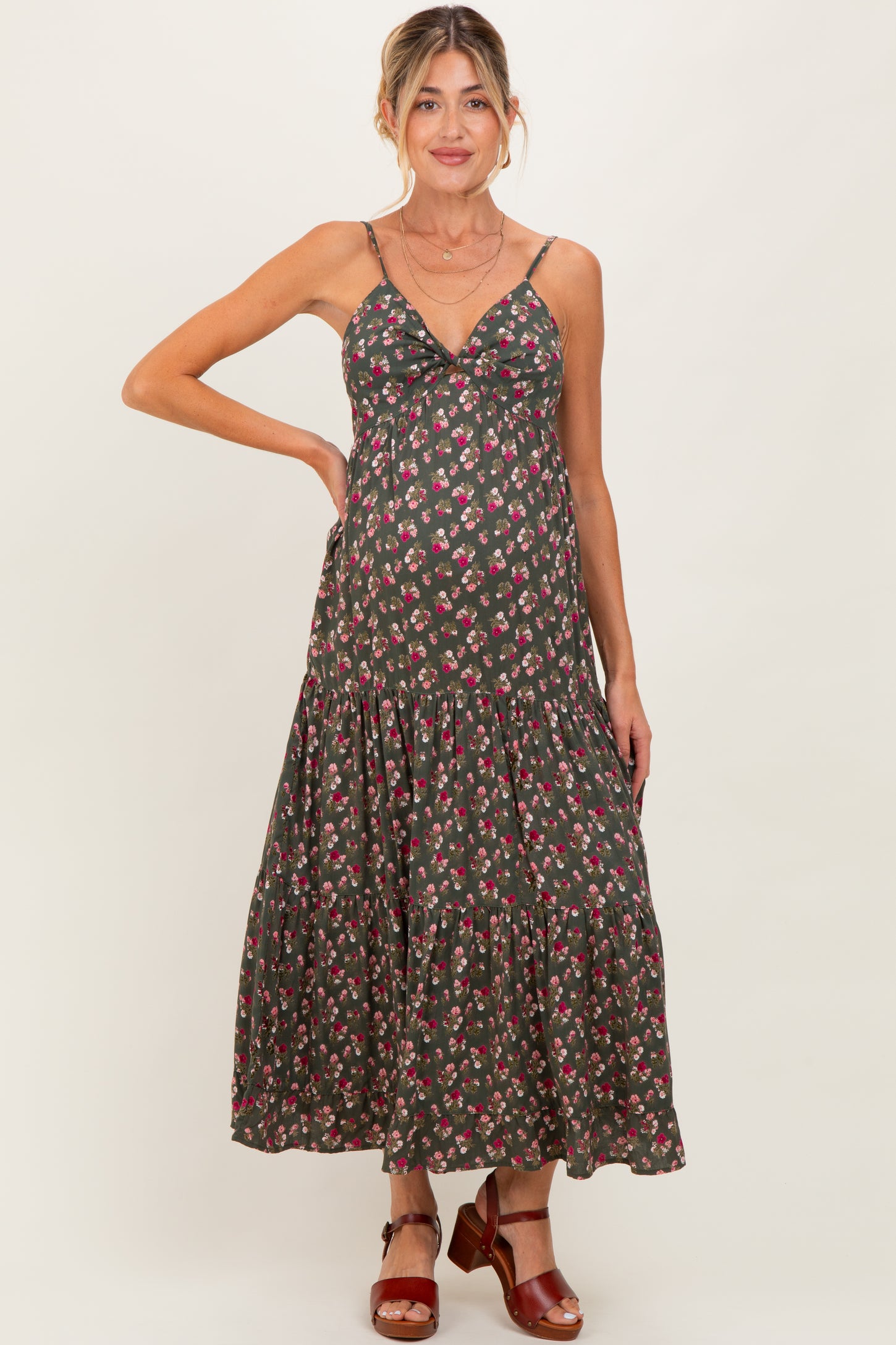 Olive Twist Front Tiered Maternity Midi Dress