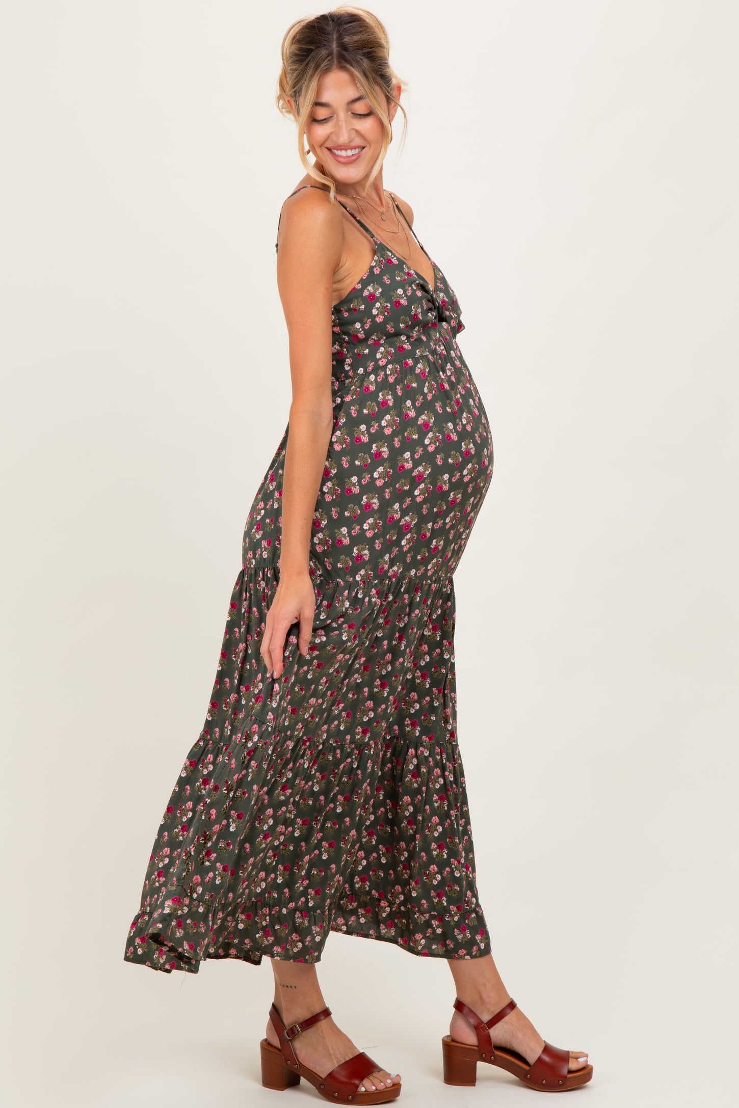 Olive Twist Front Tiered Maternity Midi Dress