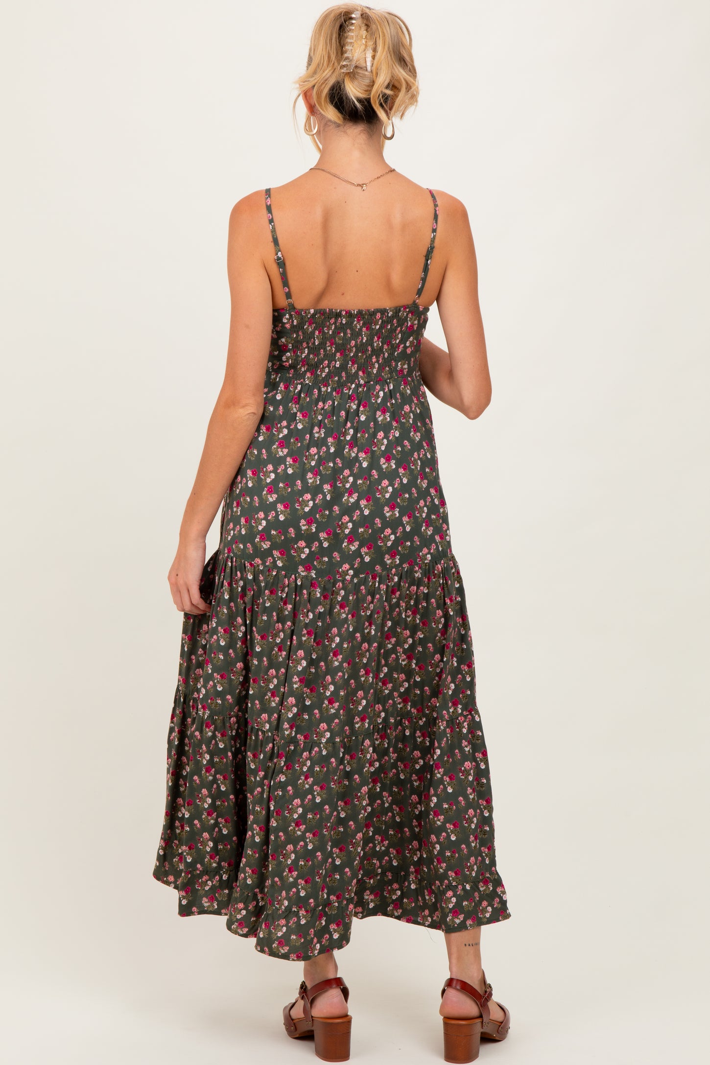 Olive Twist Front Tiered Maternity Midi Dress