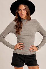 Gray Lettuce Edge Mock Neck Long Sleeve Rib Top