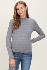 Gray Lettuce Edge Mock Neck Long Sleeve Rib Maternity Top