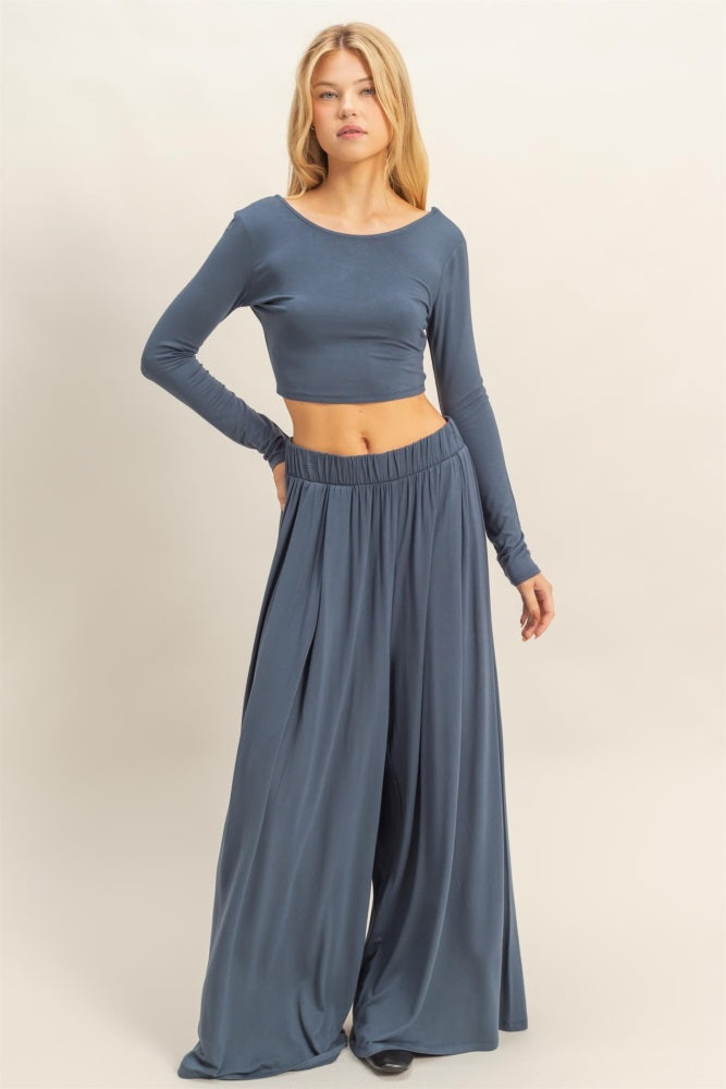 Blue Long-Sleeve Crop Top And Maxi Pants Set