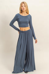 Blue Long-Sleeve Crop Top And Maxi Pants Set