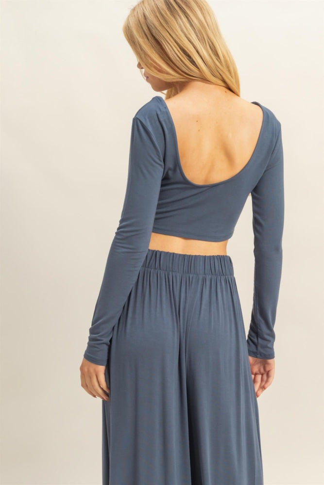 Blue Long-Sleeve Crop Top And Maxi Pants Set
