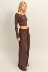 Brown Long-Sleeve Crop Top And Maxi Pants Set