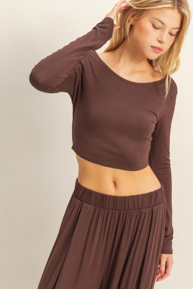 Brown Long-Sleeve Crop Top And Maxi Pants Set