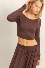 Brown Long-Sleeve Crop Top And Maxi Pants Set