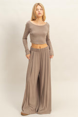Mocha Long-Sleeve Crop Top And Maxi Pants Maternity Set