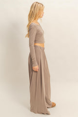 Mocha Long-Sleeve Crop Top And Maxi Pants Set