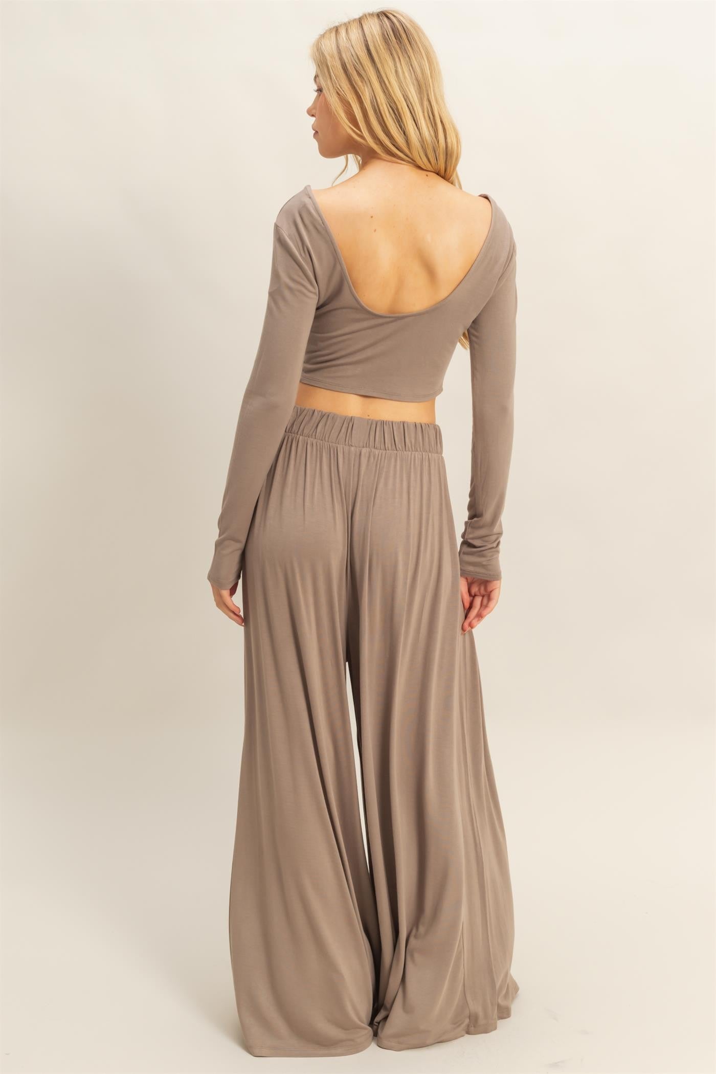 Mocha Long-Sleeve Crop Top And Maxi Pants Set