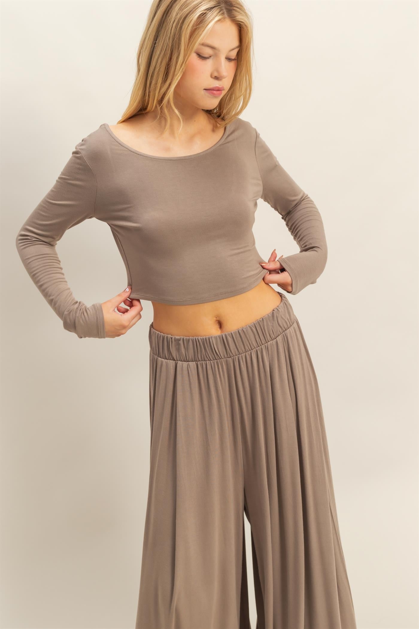 Mocha Long-Sleeve Crop Top And Maxi Pants Set