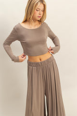 Mocha Long-Sleeve Crop Top And Maxi Pants Set