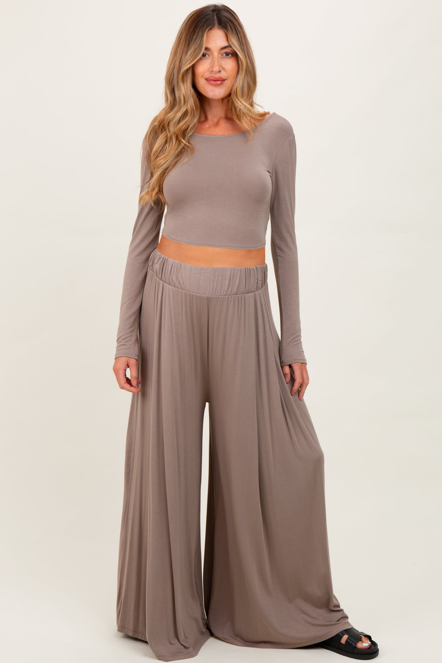 Mocha Long-Sleeve Crop Top And Maxi Pants Maternity Set