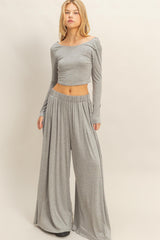 Heather Gray Long-Sleeve Crop Top And Maxi Pants Maternity Set