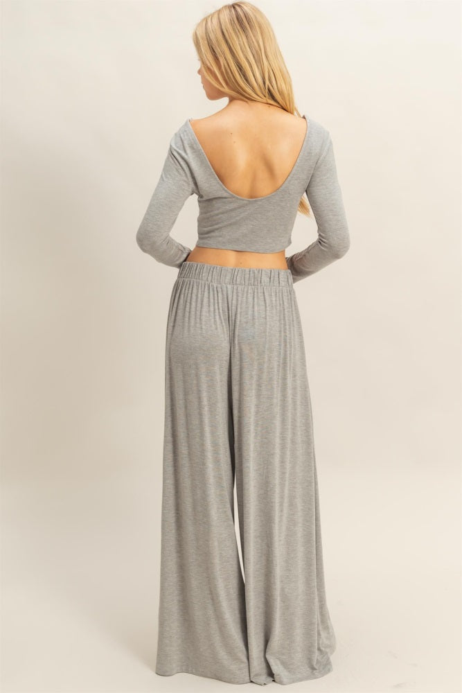Heather Gray Long-Sleeve Crop Top And Maxi Pants Set