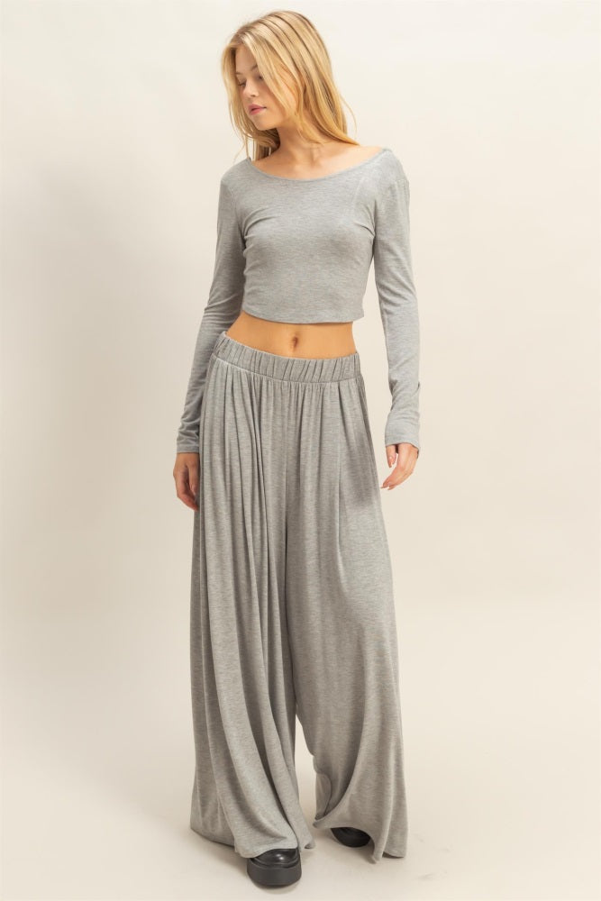 Heather Gray Long-Sleeve Crop Top And Maxi Pants Set