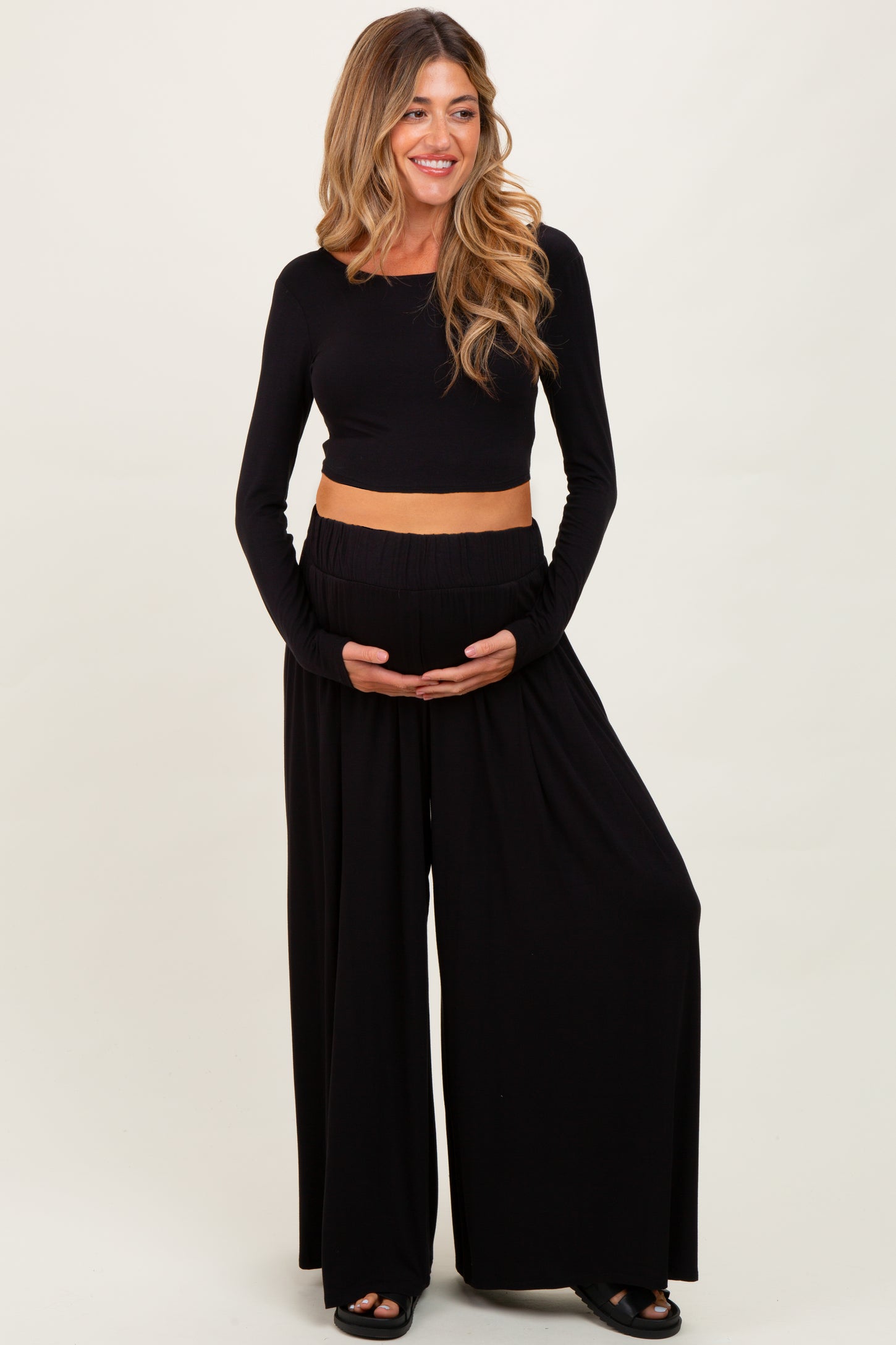 Black Long-Sleeve Crop Top And Maxi Pants Maternity Set