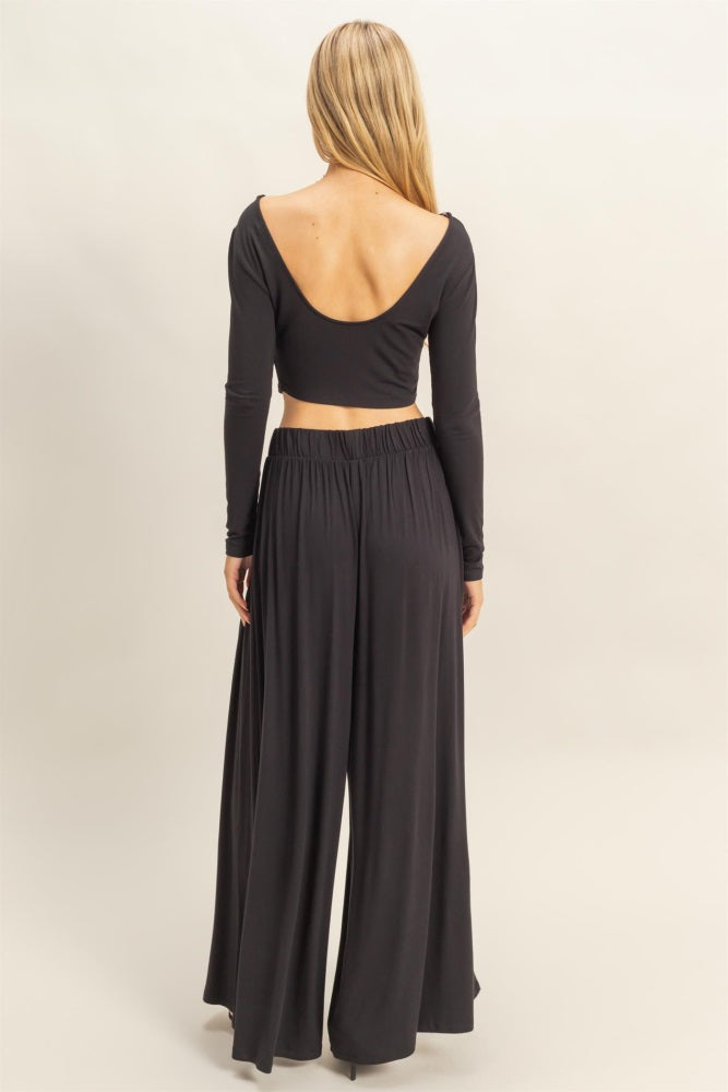 Black Long-Sleeve Crop Top And Maxi Pants Set