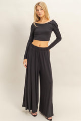 Black Long-Sleeve Crop Top And Maxi Pants Set