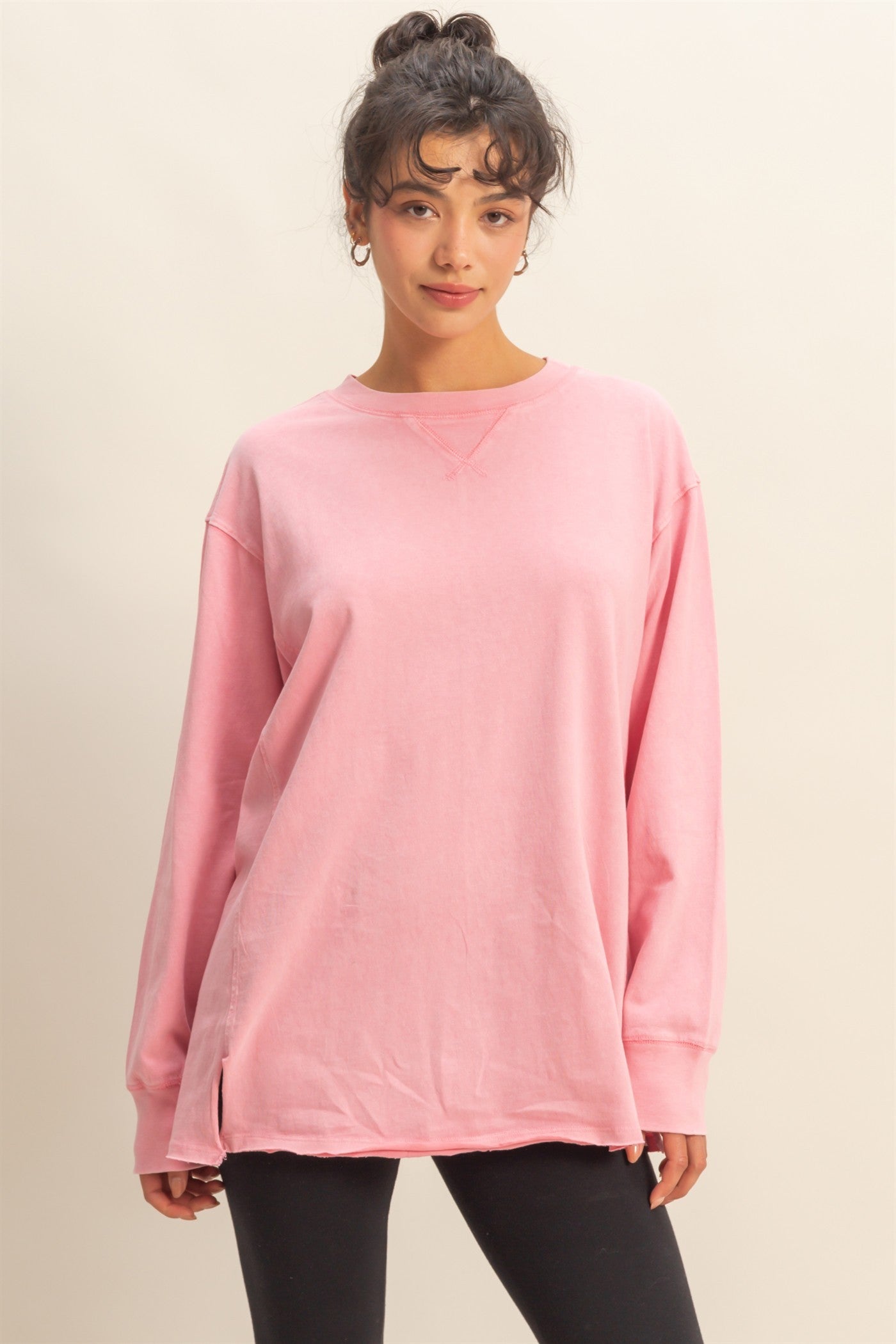 Pink Mineral Washed Drop Shoulder Long Sleeve Top